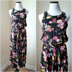 Vtg Wildflower Print Blouson Sleeveless Belted Long Rayon Dress Sm-Med